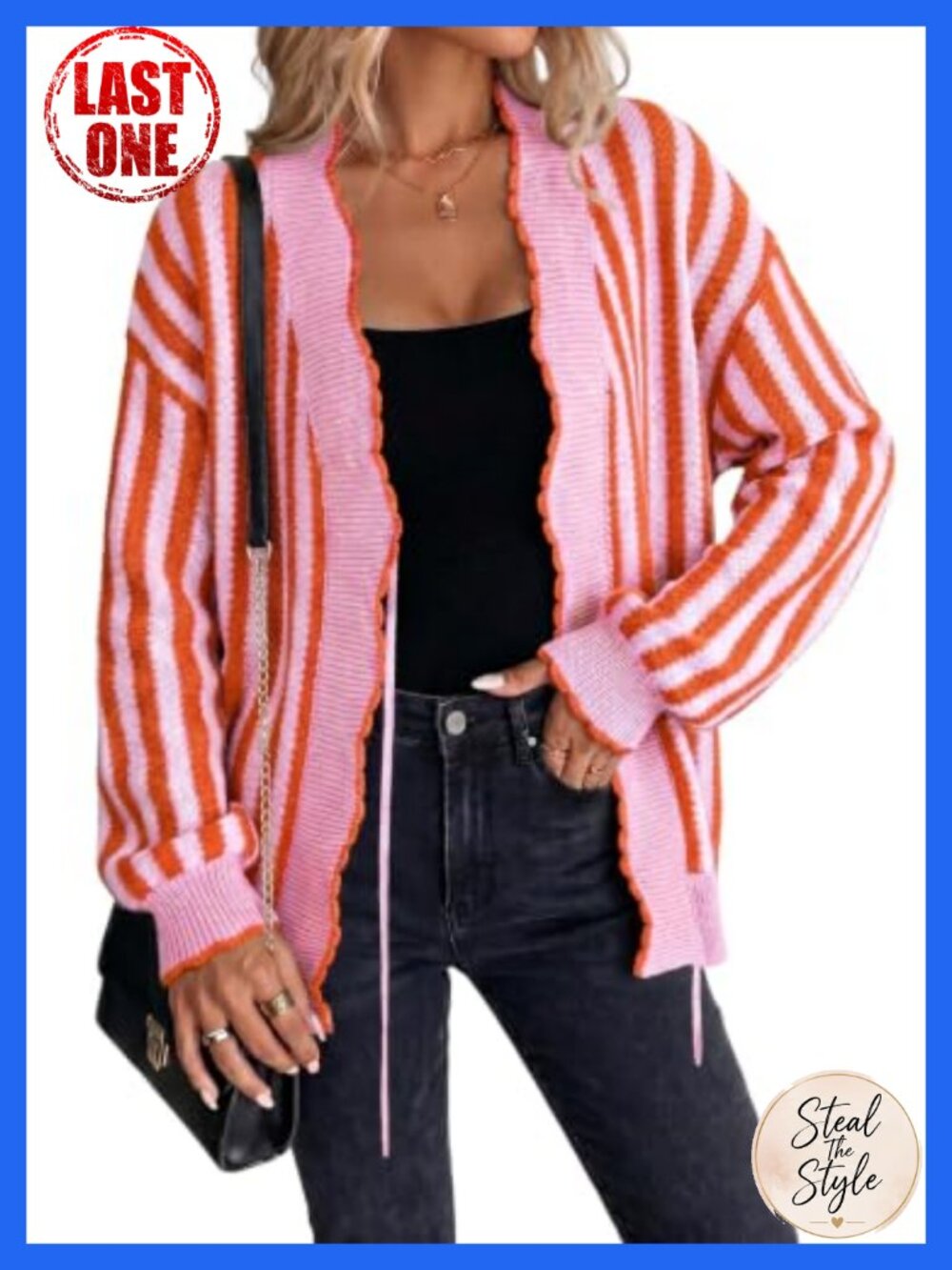 Cardigan Sweaters for Women Striped Knit Open Front Puff Sleeve